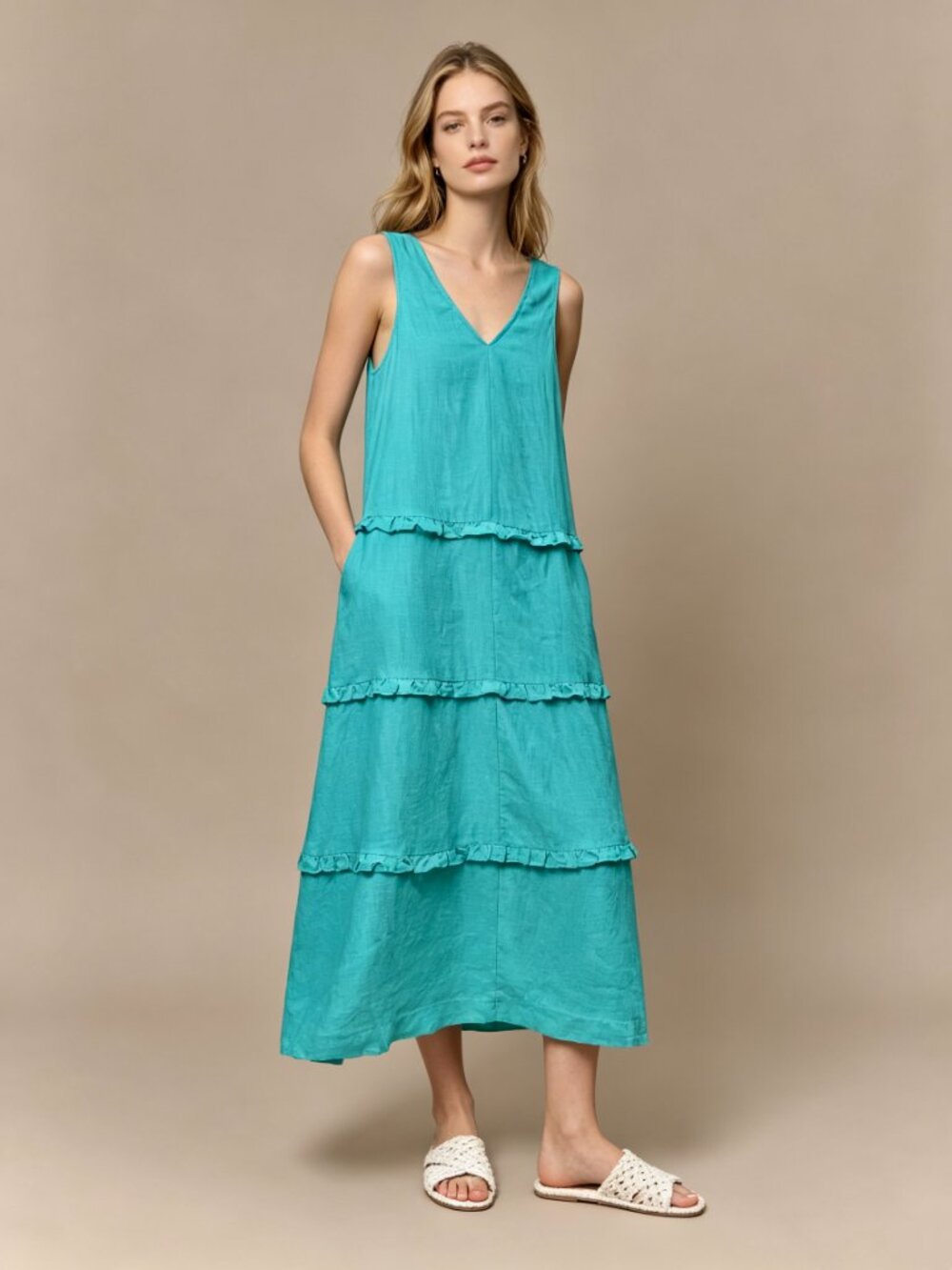 NWOT JOHNNY WAS Calme Linen Tiered Ruffles V-Neck Trapeze Midi Dress Size S Teal